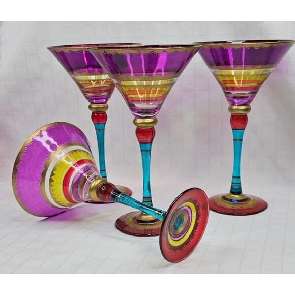 4 Pier 1 Festive Martini Glasses Blown Colorful Purple Stripe Gold Accent 8" Set - Picture 9 of 14